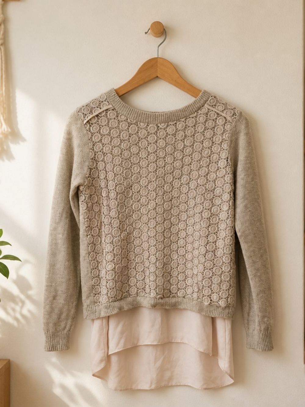 CHARLIE B Beige Crochet-Front Crewneck Sweater with Layered Hem